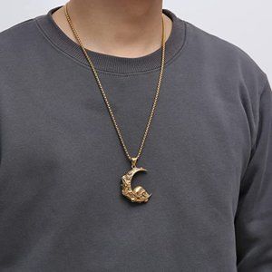 Gothic Moon Crescent Skull Stainless Steel Pendant Necklace 22+2 Inch Chain